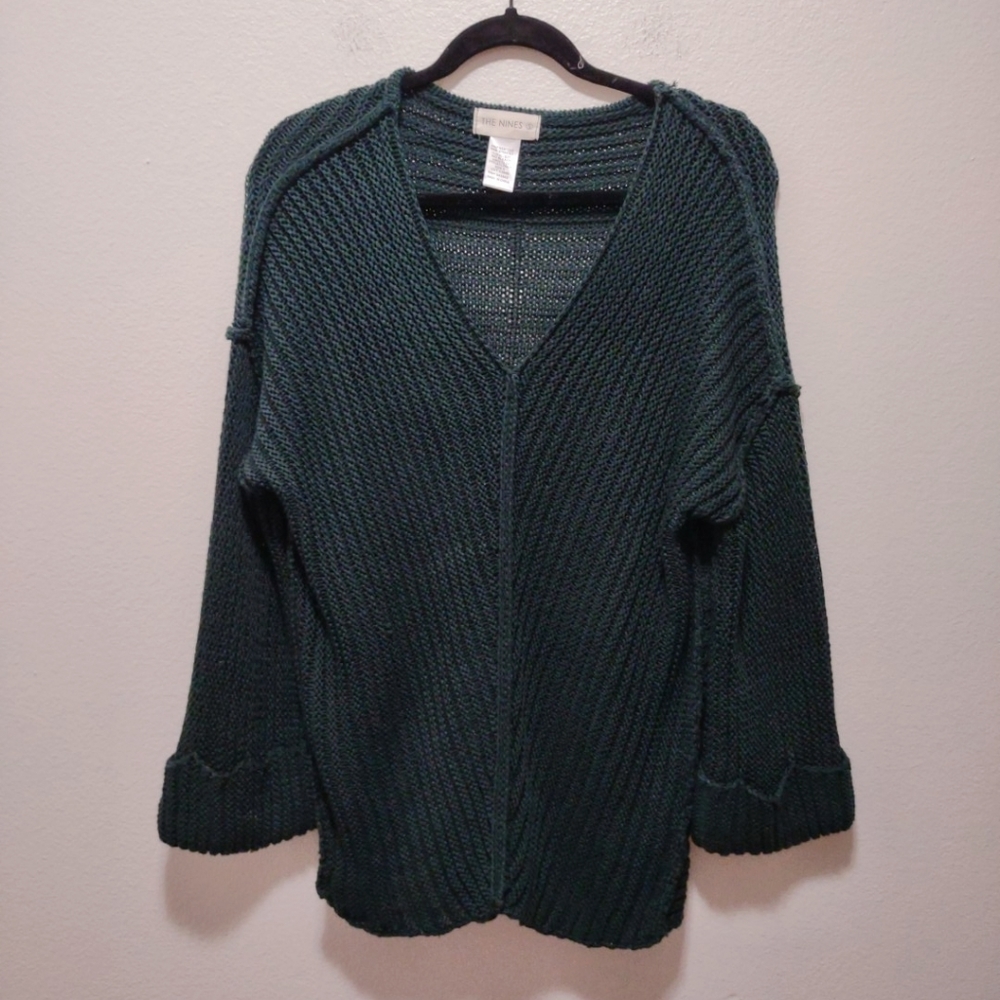 The Nines Green V Neck Crochet Knit Chunky Sweater Small